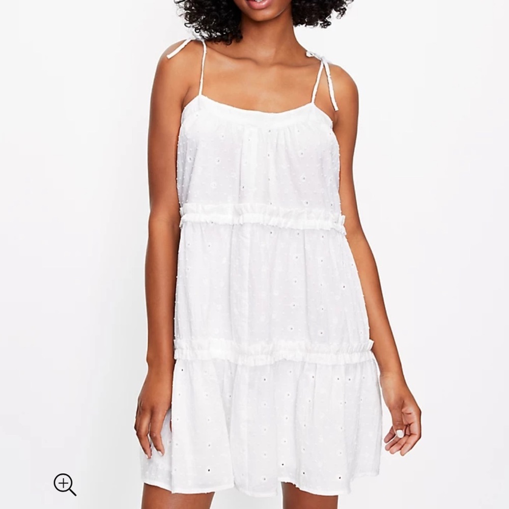 LOFT Women’s White M Vietnam Clip Bow Strap Ruffle Swing Dress w/Eyelets Lining